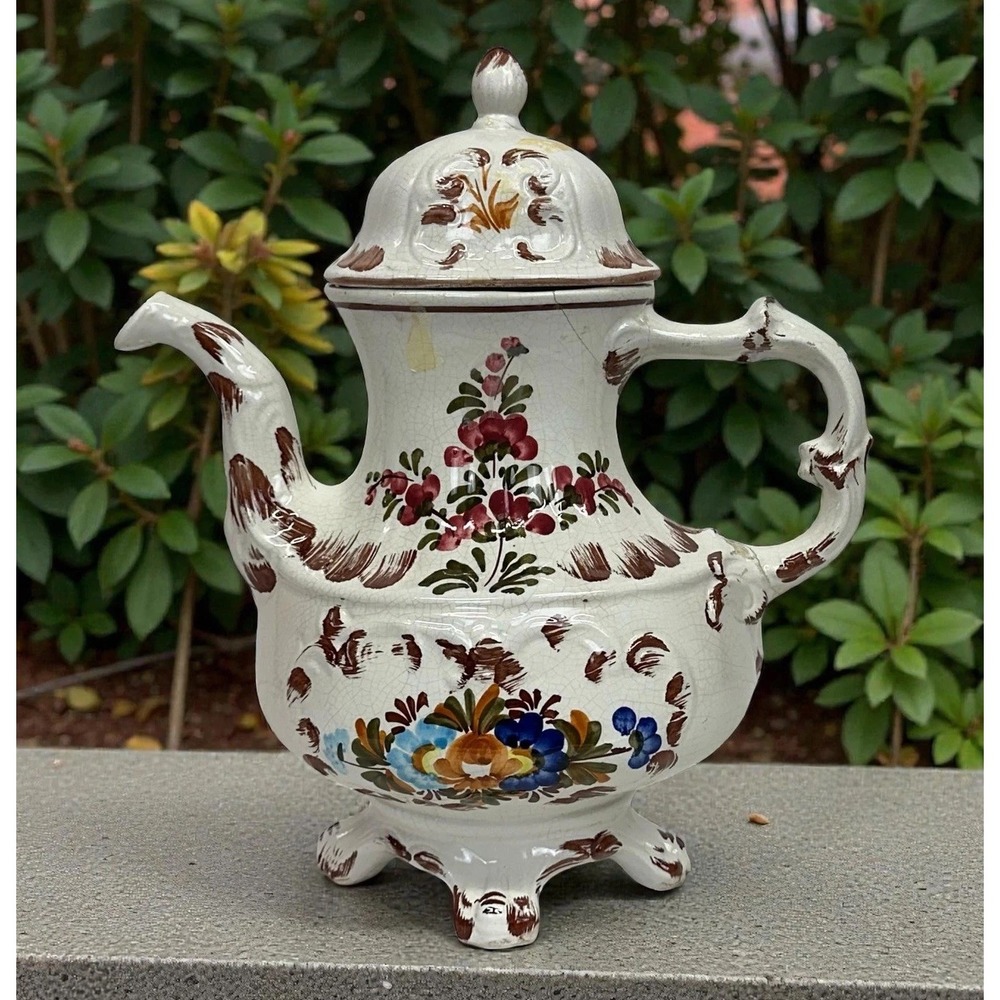 Vintage Bassano Italy Footed Coffee Pot Teapot Hand Painted Floral Pottery Italy